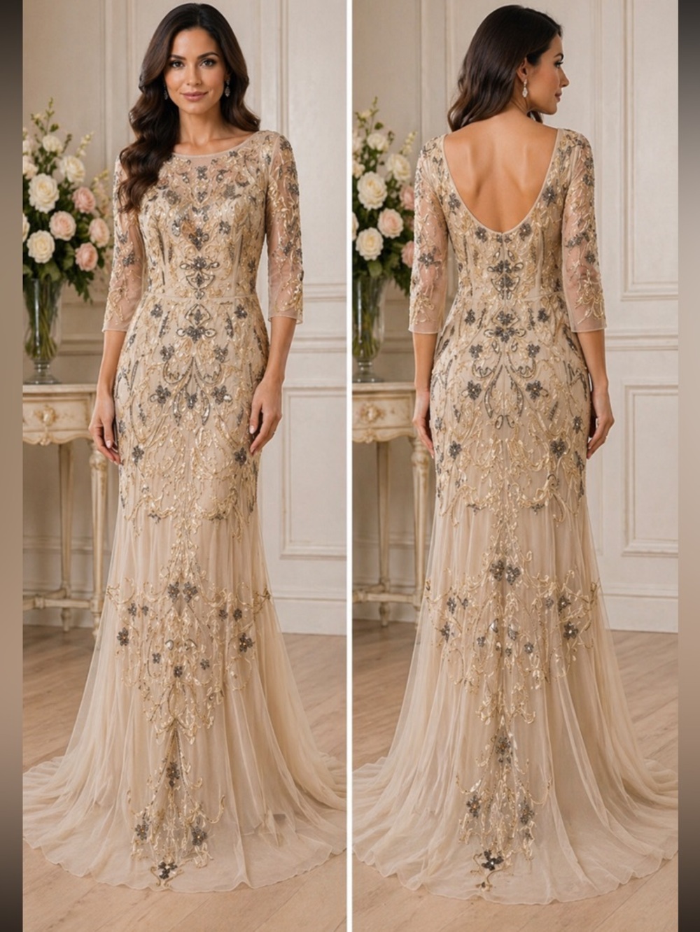 Aidan Mattox MOB 3D beaded 3/4 sleeves mermaid long gown